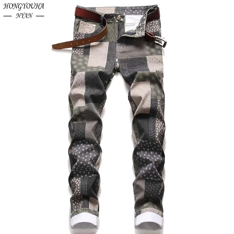 Autumn Printed Mens Classic Regular Fit Jeans Male Loose Casual Pants Fashion Business Hip Hop Brand